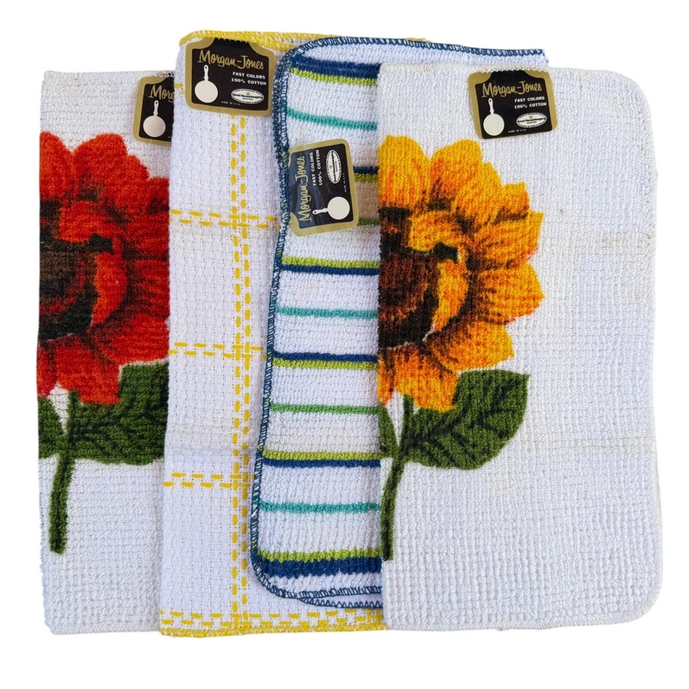 Vintage Morgan Jones Kitchen Towel Set 4pc Sunflowers Striped Plaid Cotton NWT